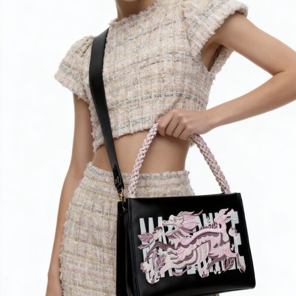 Chinese Qilin Leather Tote Bag - Large Capacity for Travel & Commute, Convertible Shoulder/Crossbody.